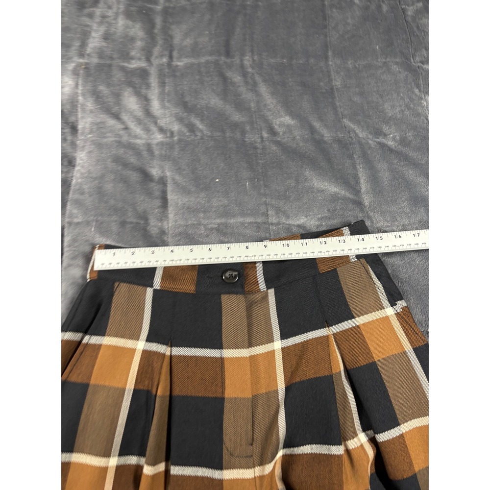 STAUD‎ Brown Black Plaid Wide Leg Wool Blend Pleated High Rise Trousers Pants - Picture 4 of 15